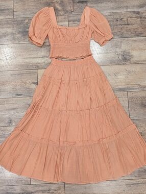 Blu Pepper Peach Tiered Maxi Skirt & Puff Sleeve Crop Top Set